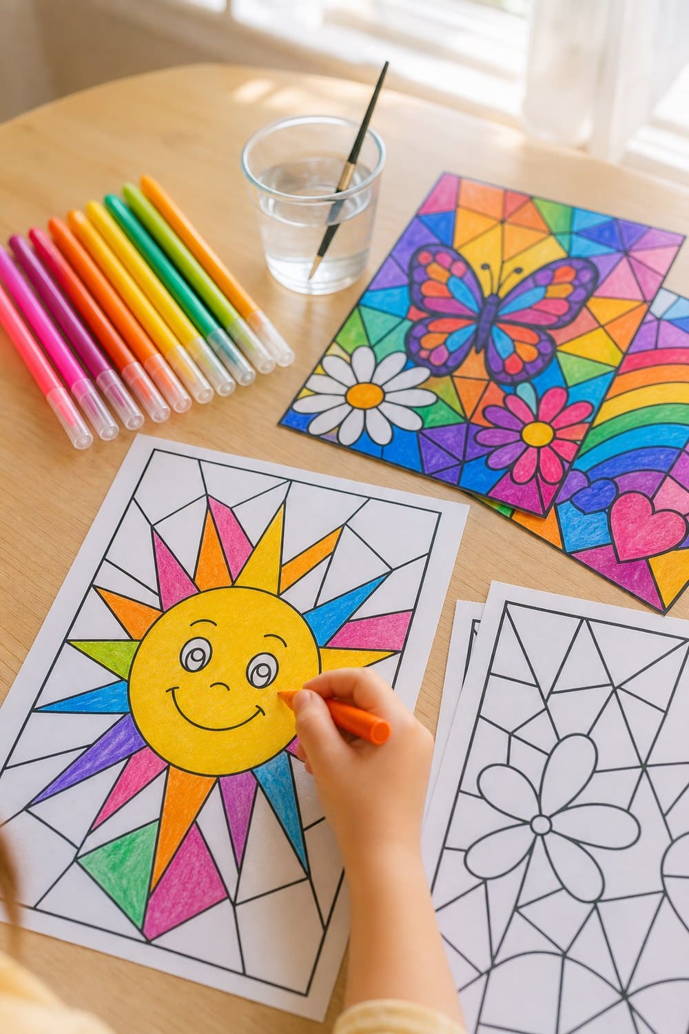 Free stained glass kids patterns printed on a craft desk with crayons and scissors