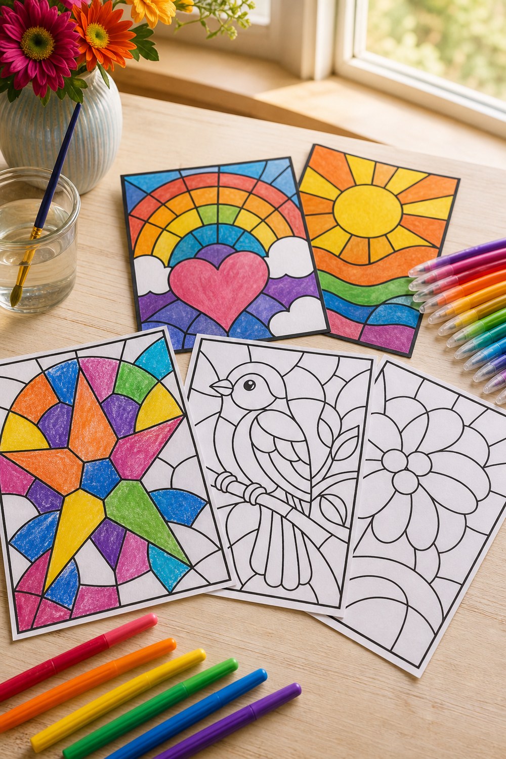 Stained glass coloring page for kids printed candidly with crayons on a craft desk