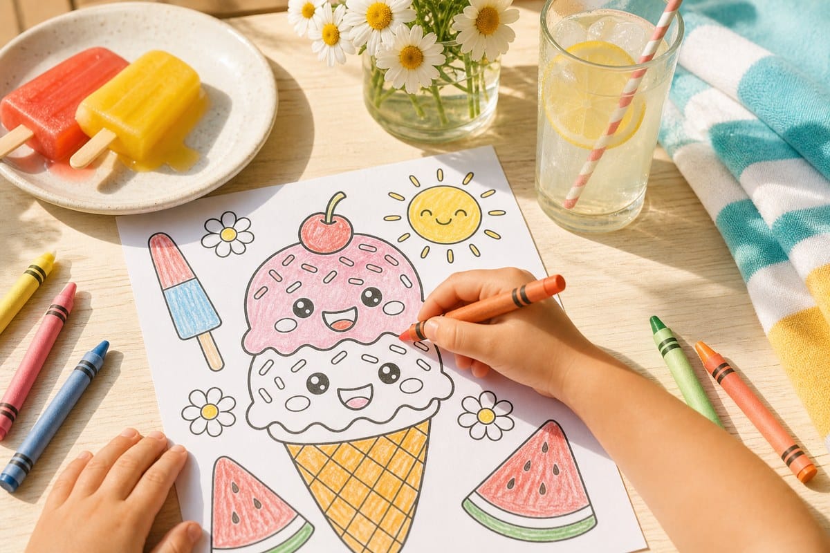 Kid colouring a popsicle template at a sunny picnic table with bright crayons