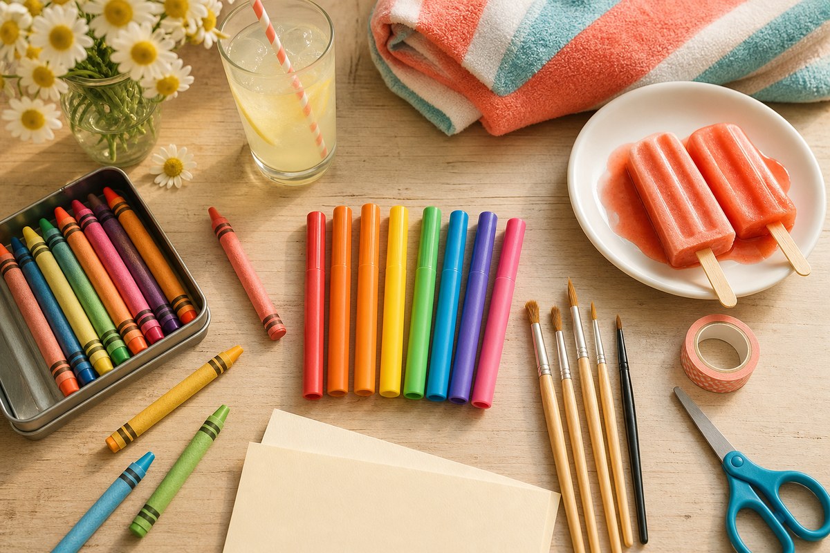 Flat lay of summer craft supplies with crayons markers watercolours and printable paper