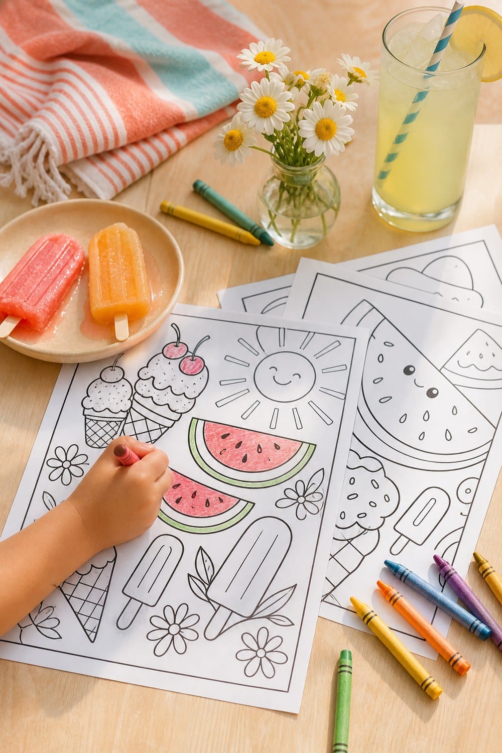 Printed kids summer coloring page on a cream desk with crayons and a watermelon slice