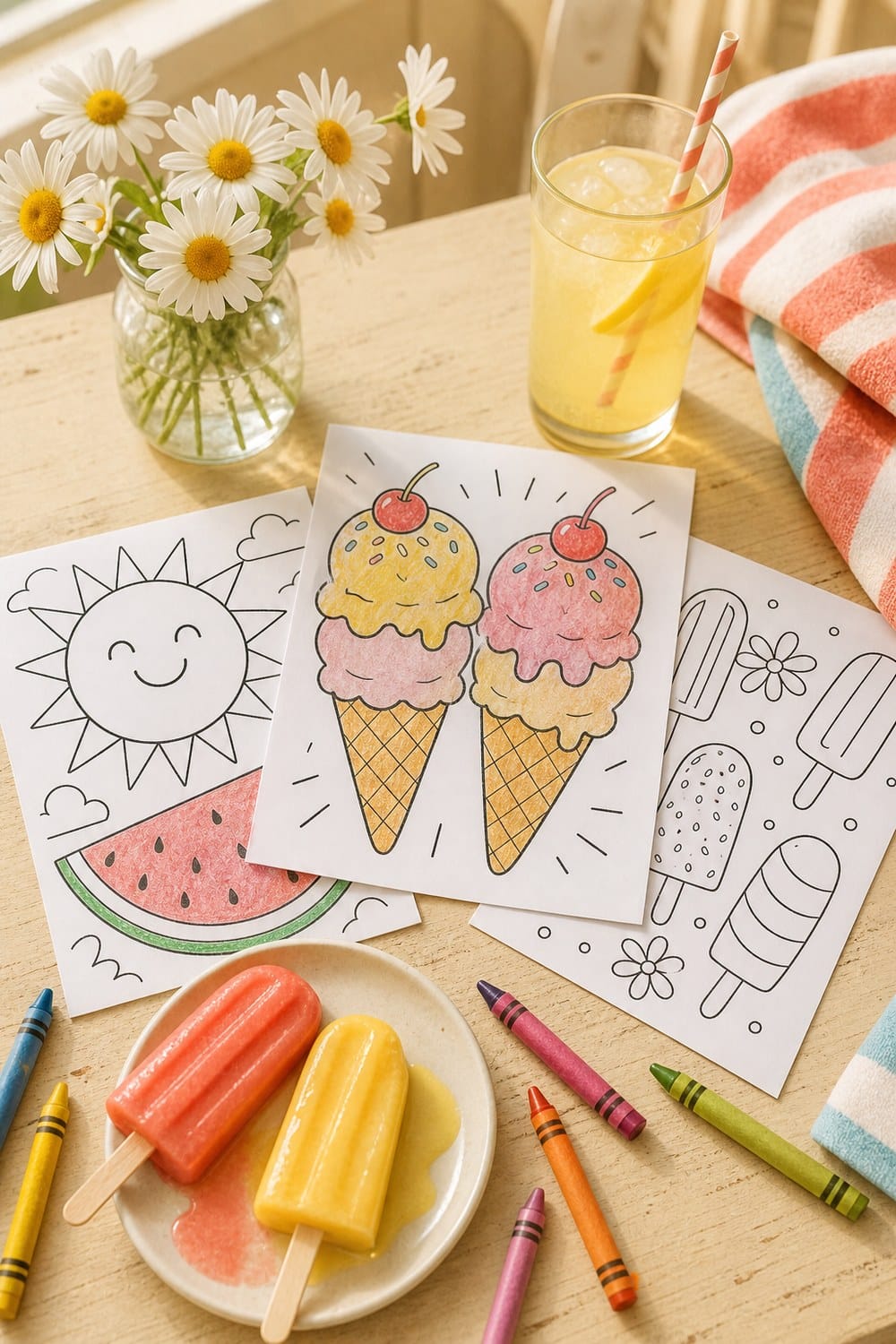 Free summer coloring pages for kids printed on a cream desk with beach toys and markers