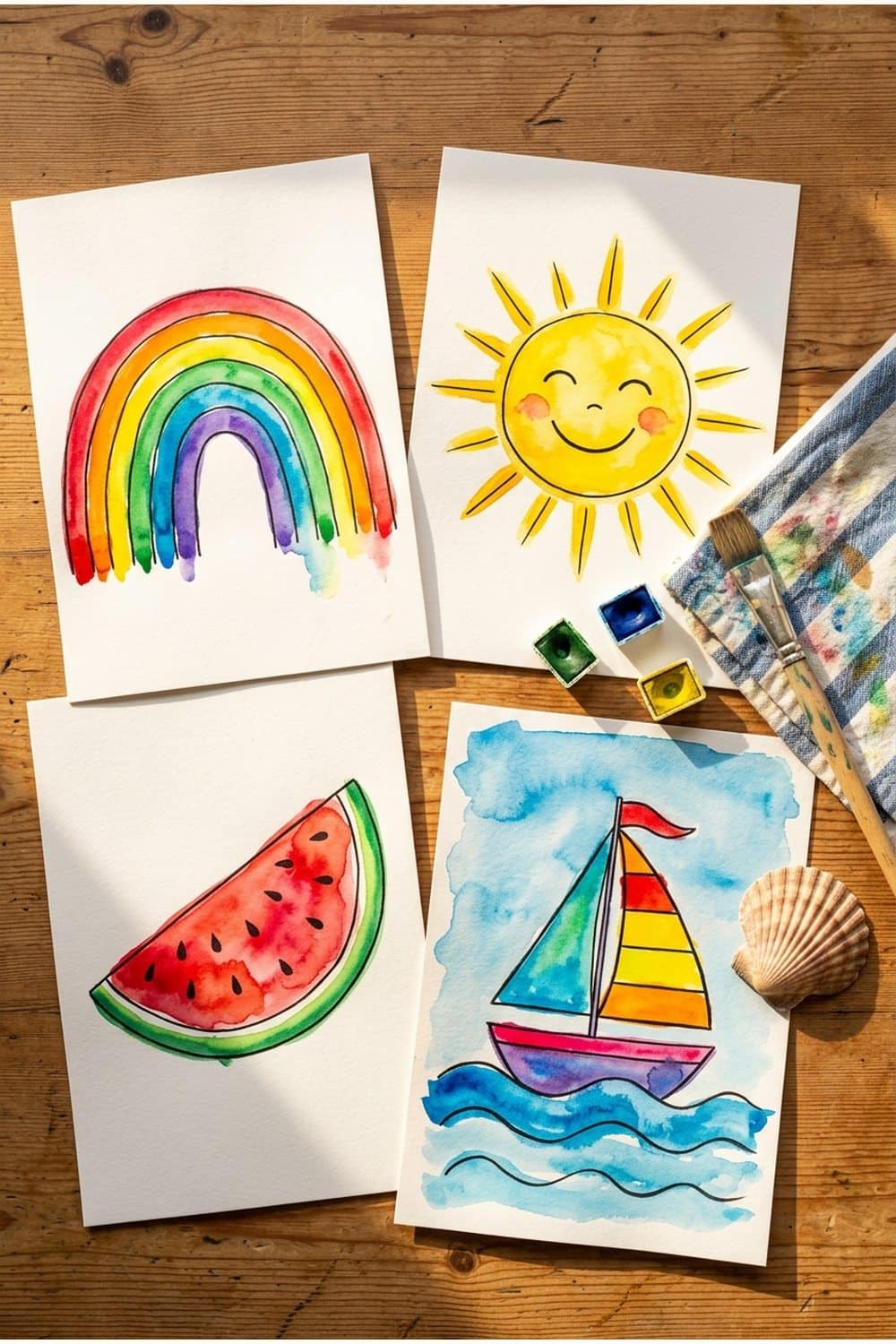 Four finished kids watercolour paintings drying on a wooden table - rainbow, sun, watermelon and sailboat