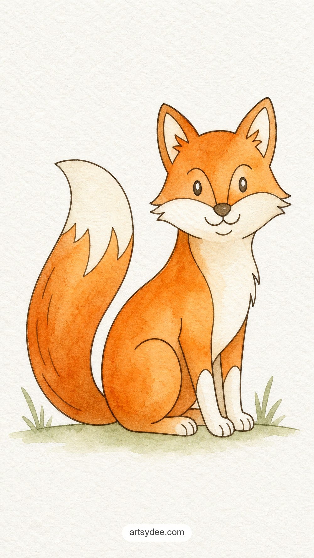 Painted watercolor fox example from the free woodland animal outline templates