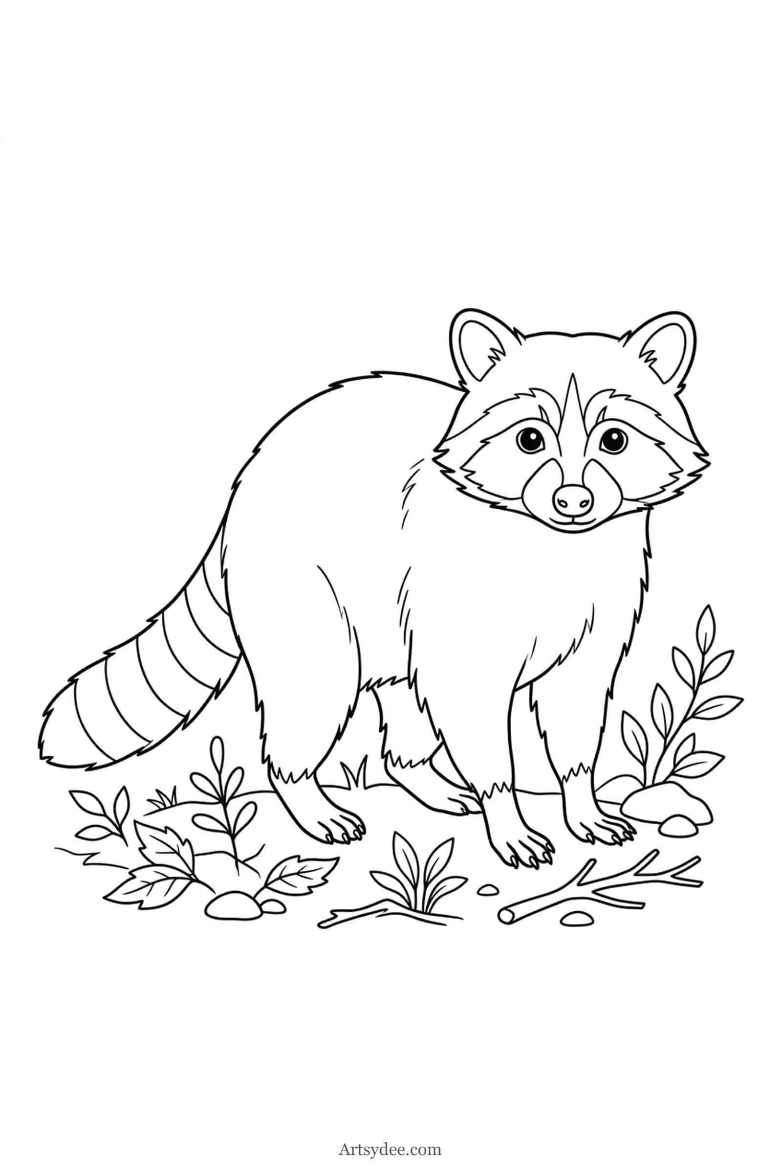 Raccoon watercolor woodland animal outline template — free printable line drawing to paint
