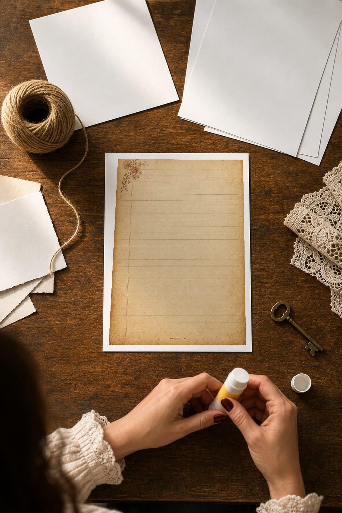 Hands gluing a vintage lined junk journal page into a journal on a walnut desk