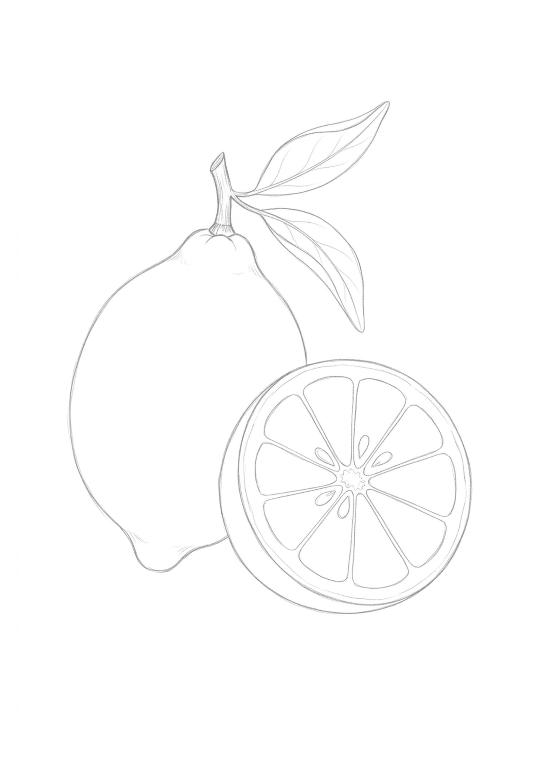 Free printable lemon watercolour lineart template — whole lemon, slice and leaf