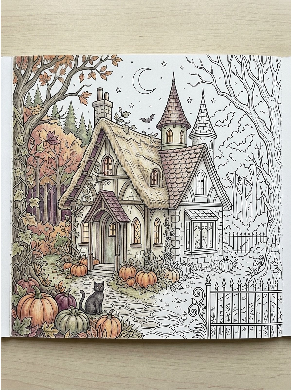 partly colored cozy Halloween coloring page for adults haunted cottage