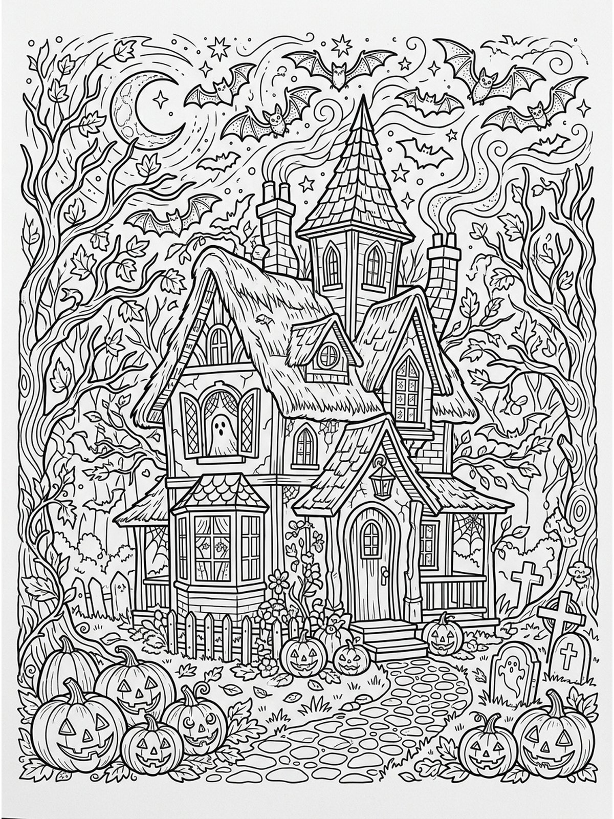 haunted cottage Halloween coloring page for adults line art