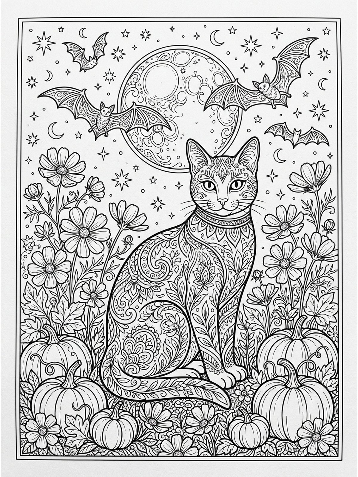black cat full moon Halloween coloring page for adults line art