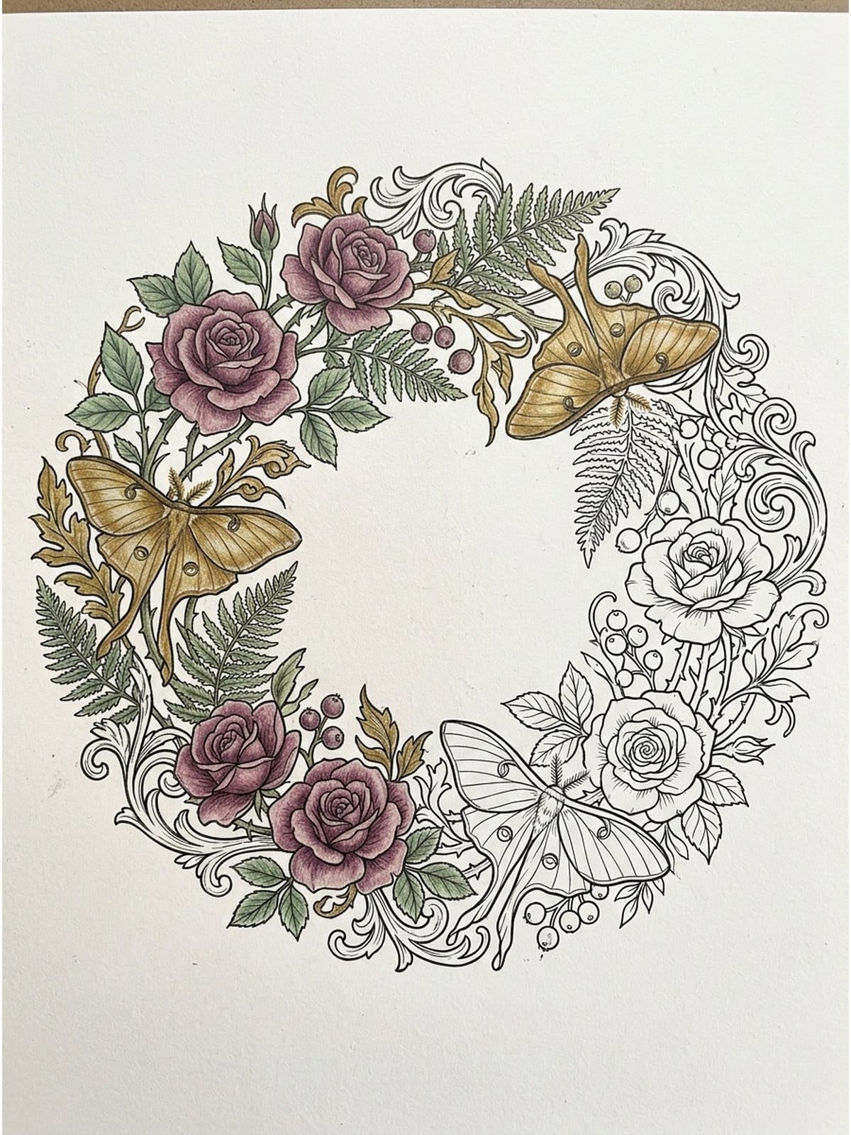 botanical gothic wreath moths adult coloring page partly colored