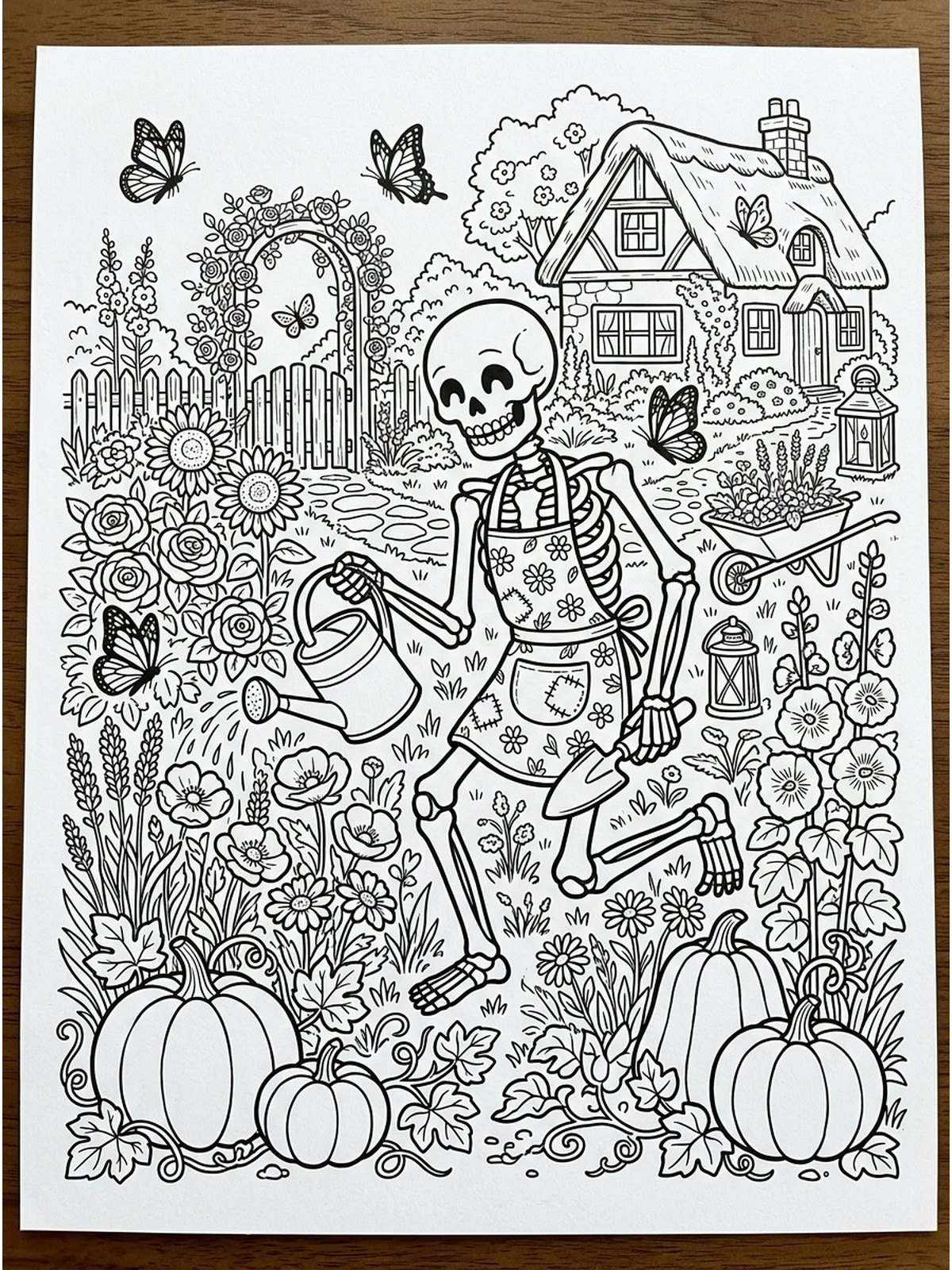 friendly skeleton flower garden whimsical Halloween coloring page for adults
