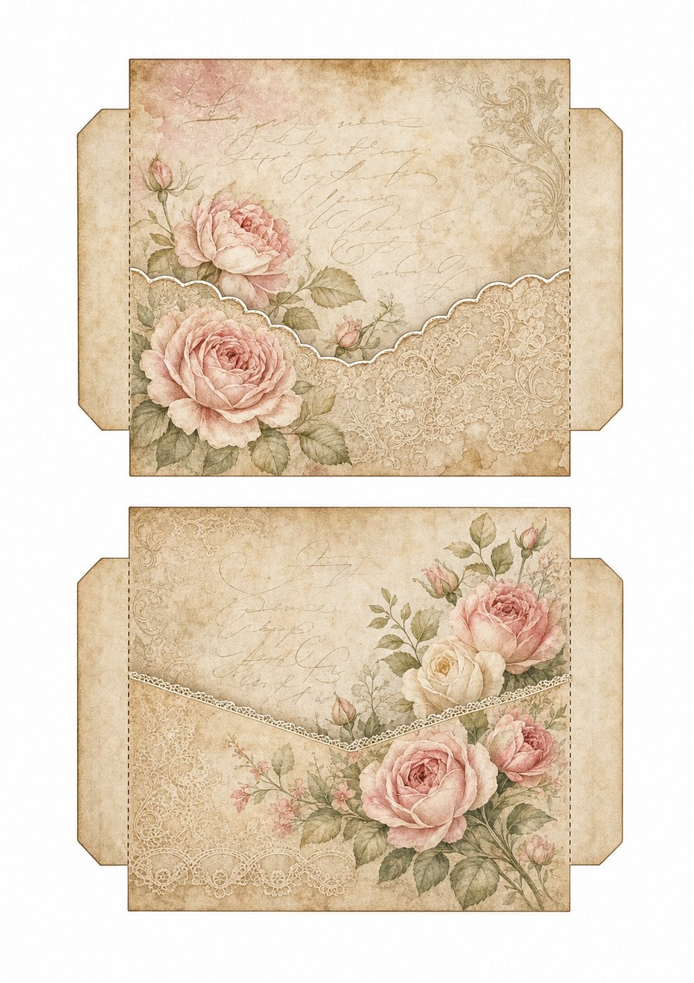 Printable junk journal pocket templates with vintage roses and lace