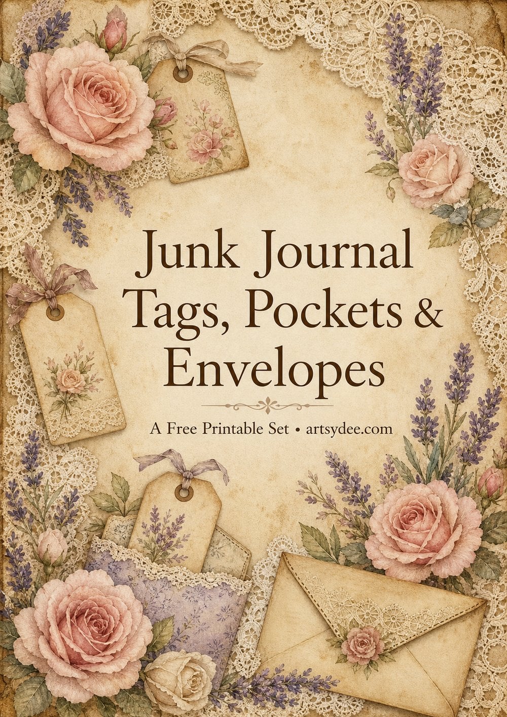 Free printable junk journal tags pockets and envelopes set cover with vintage roses lavender and lace