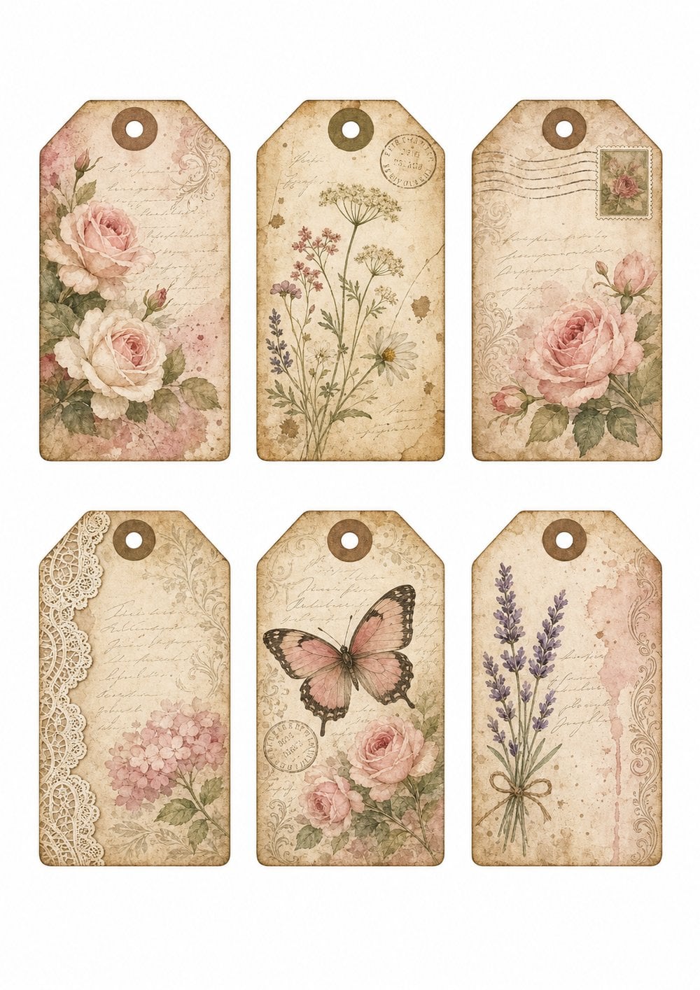 Printable vintage junk journal tags sheet with roses wildflowers and lavender