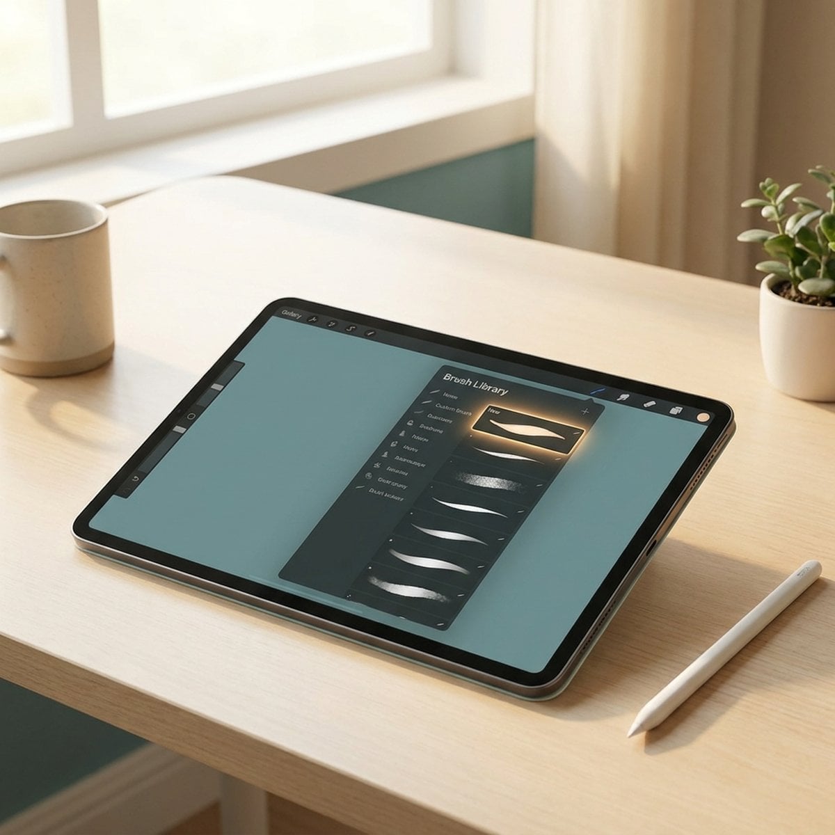 iPad Pro showing a new custom brush set highlighted in the Procreate brush library
