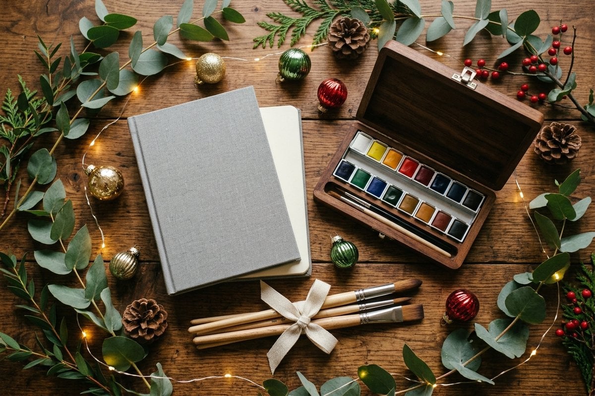 Mid-range art gifts: sketchbook, watercolour set and brushes
