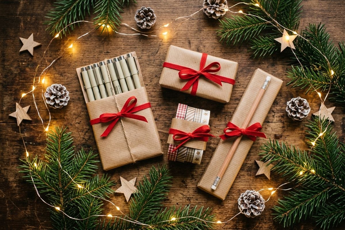 Small affordable art supply gifts wrapped for Christmas
