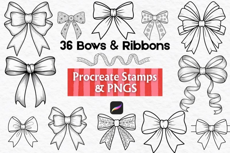 36 Procreate bow stamps for stickers, journals and printables