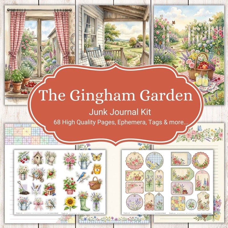 The Gingham Garden junk journal kit — 68 printable pages