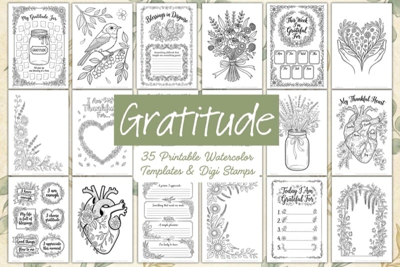 Gratitude watercolor templates — 35 printable coloring pages and digi stamps