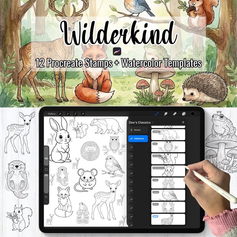 Wilderkind &mdash; woodland creature Procreate stamps + 30-swatch palette