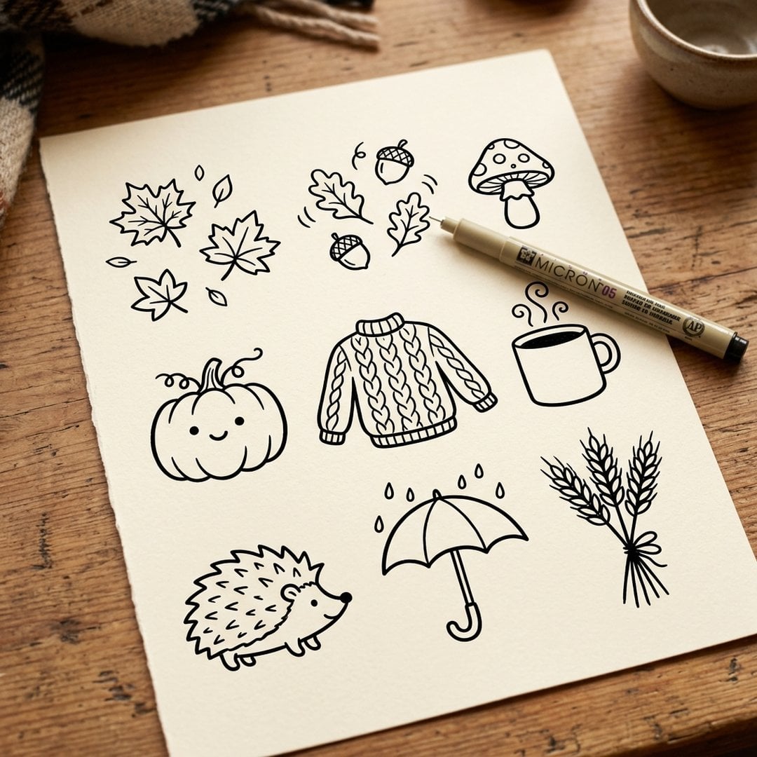 Sheet of easy black-ink autumn doodles for beginners
