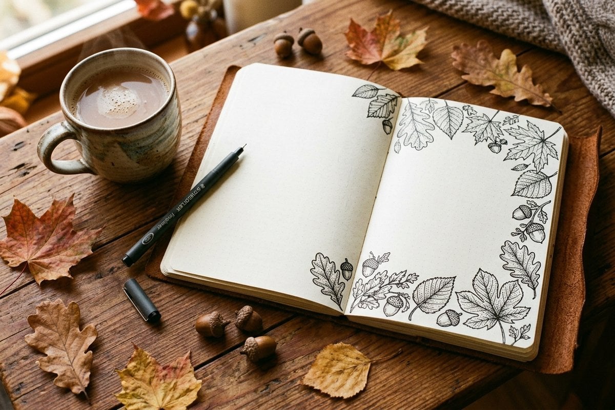 Journal page decorated with hand-drawn autumn leaf doodles