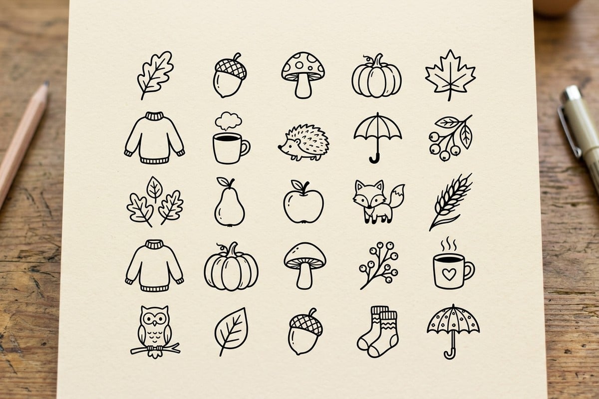 Practice sheet of twenty-five easy autumn doodles