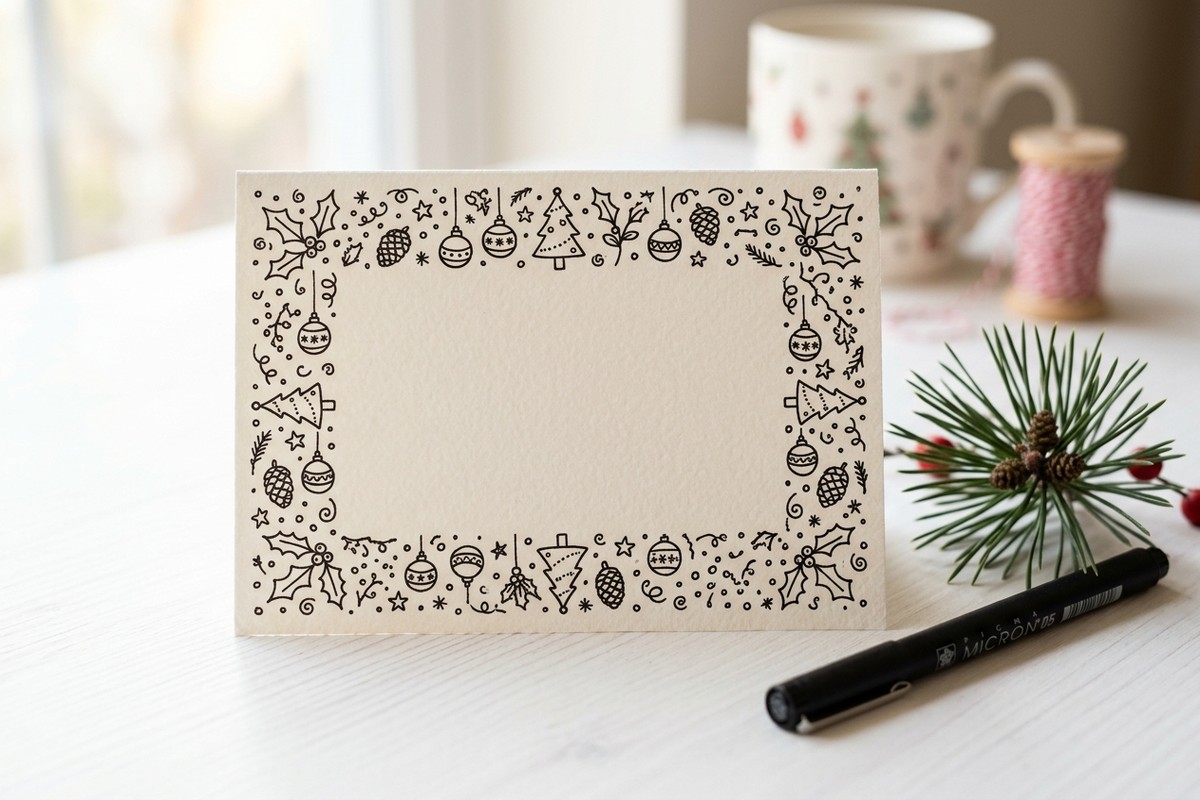 Handmade Christmas card with a hand-drawn doodle border