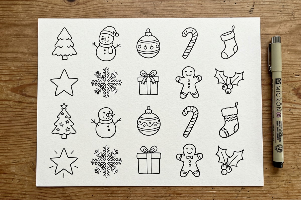 Practice sheet of twenty easy Christmas doodles