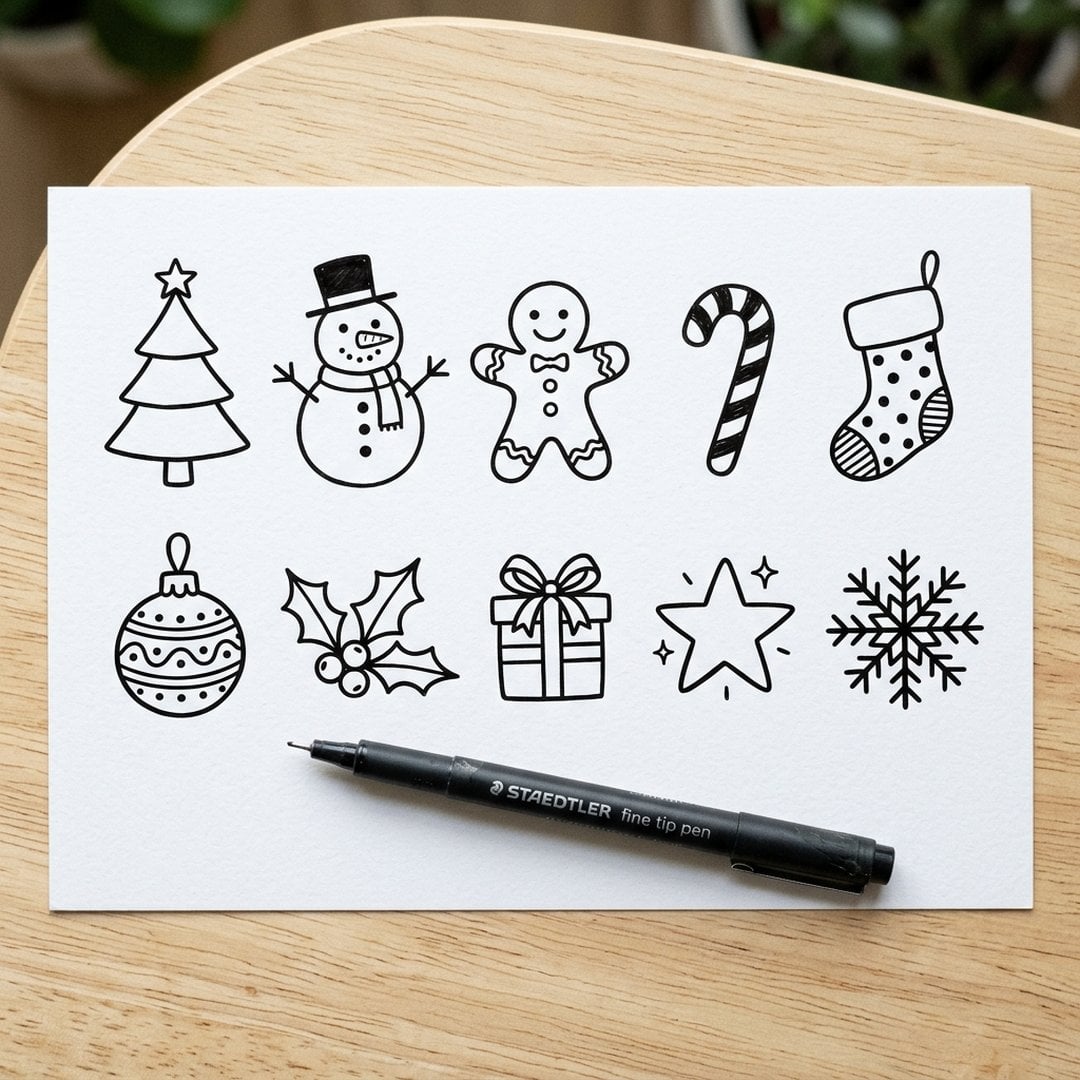 Sheet of easy black-ink Christmas doodles for beginners