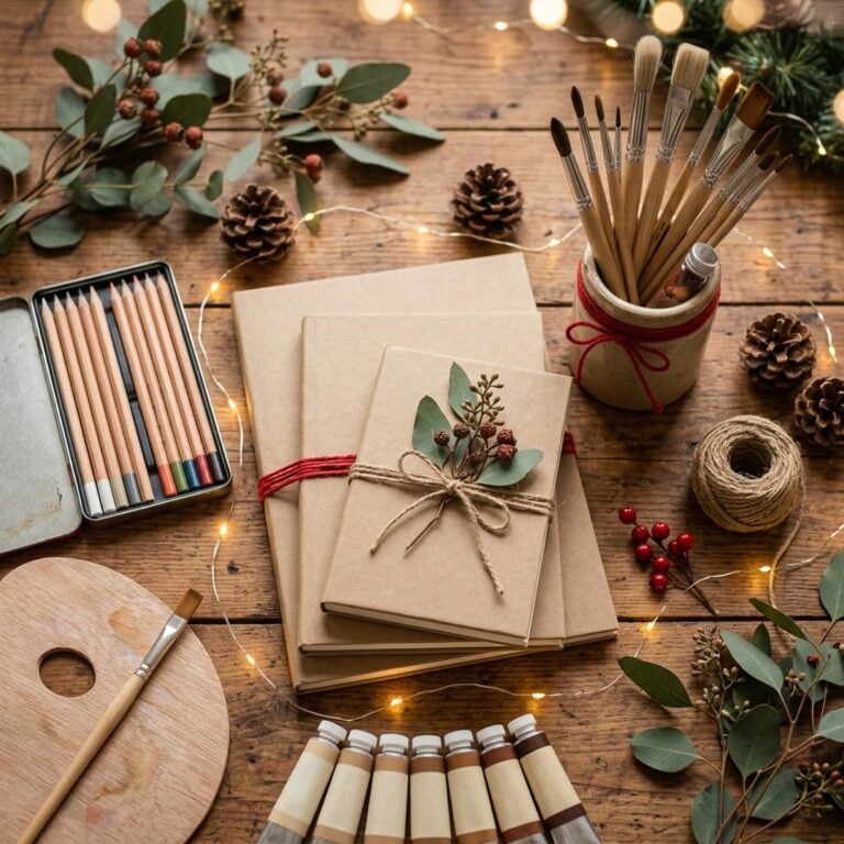 Cosy Christmas flat lay of art supply gifts for artists
