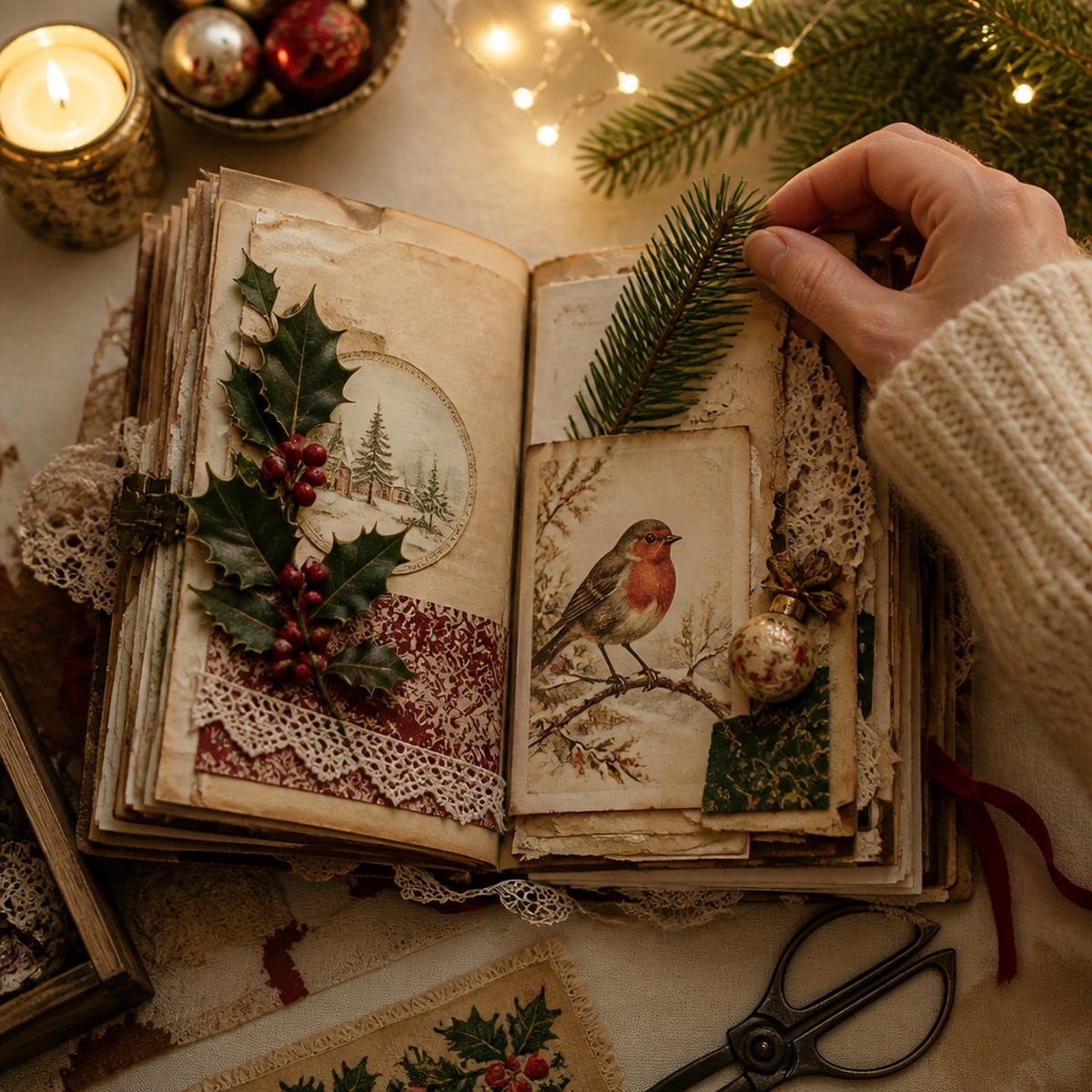 Decorating a cosy vintage Christmas junk journal spread with holly and a robin