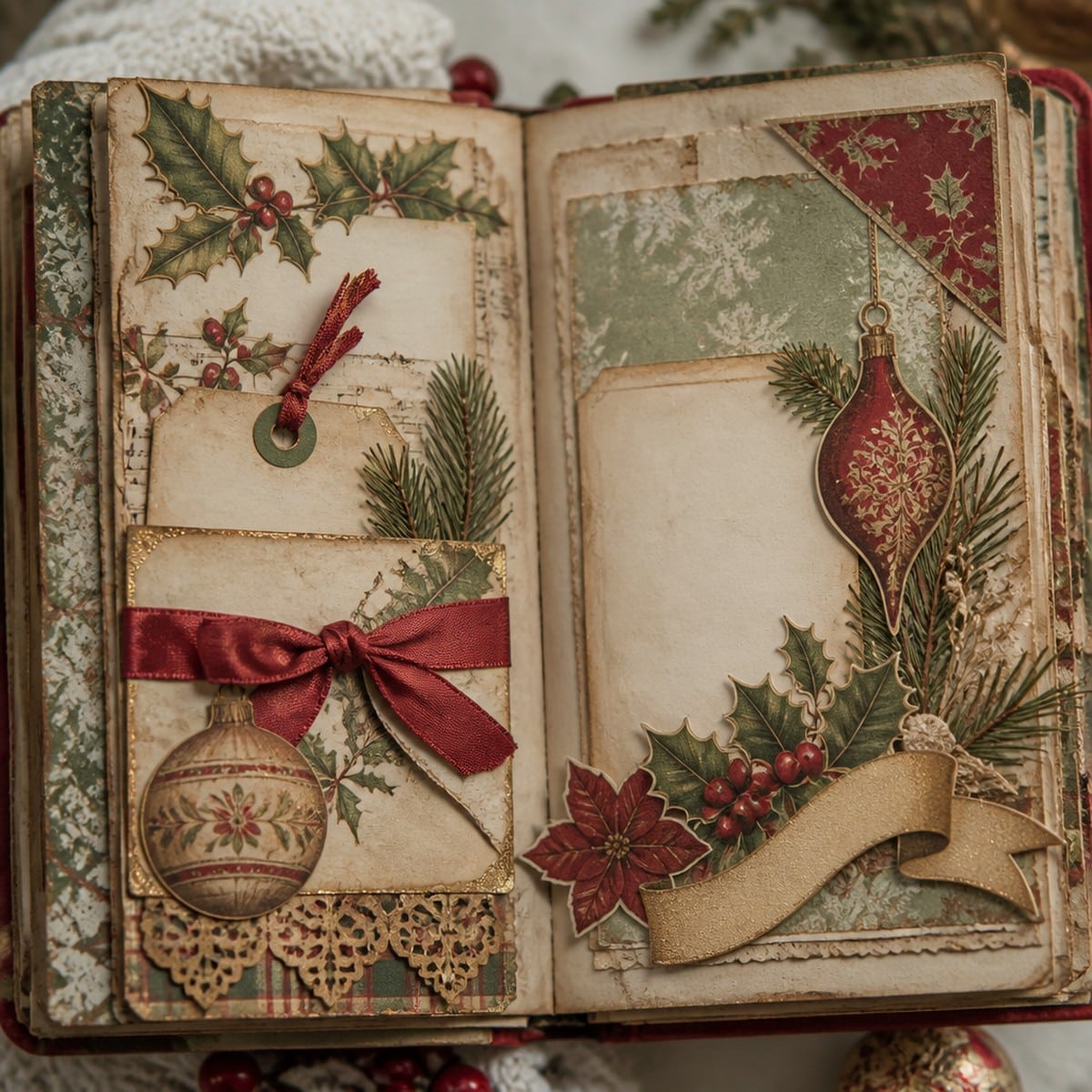Finished Christmas junk journal spread layered with holly baubles and ribbon