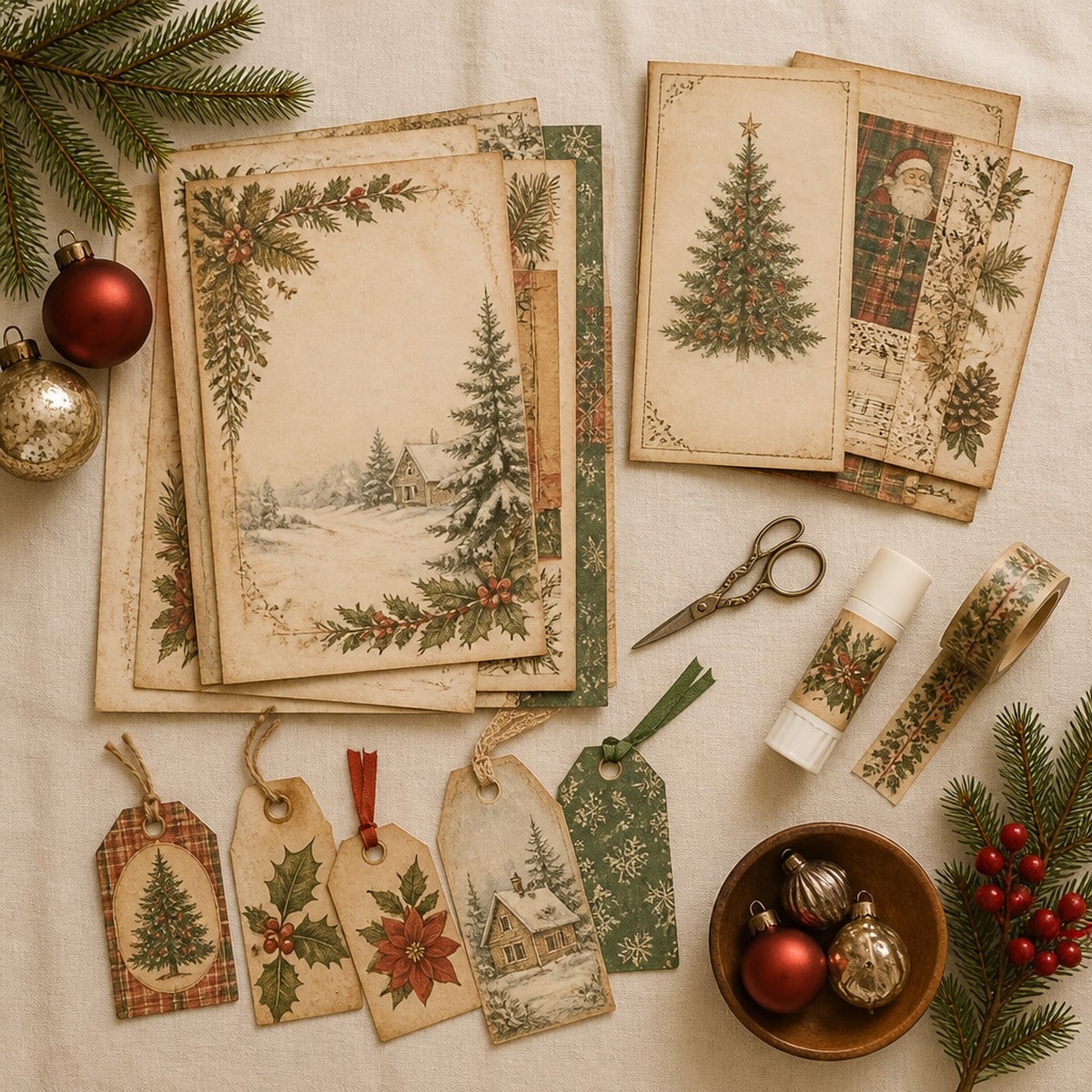 Christmas junk journal supplies printed pages scissors washi and tags