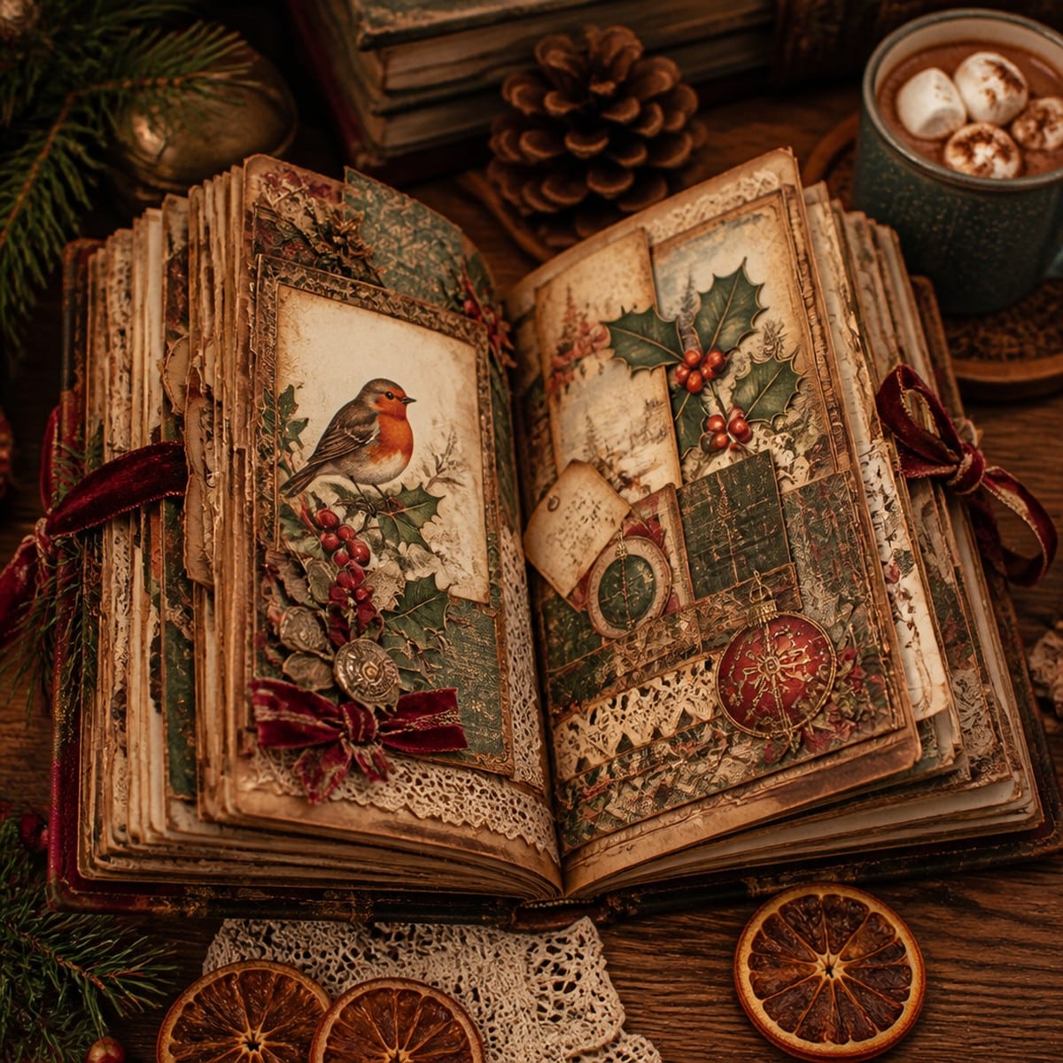 Vintage Christmas junk journal album fanned open to decorated holiday spreads