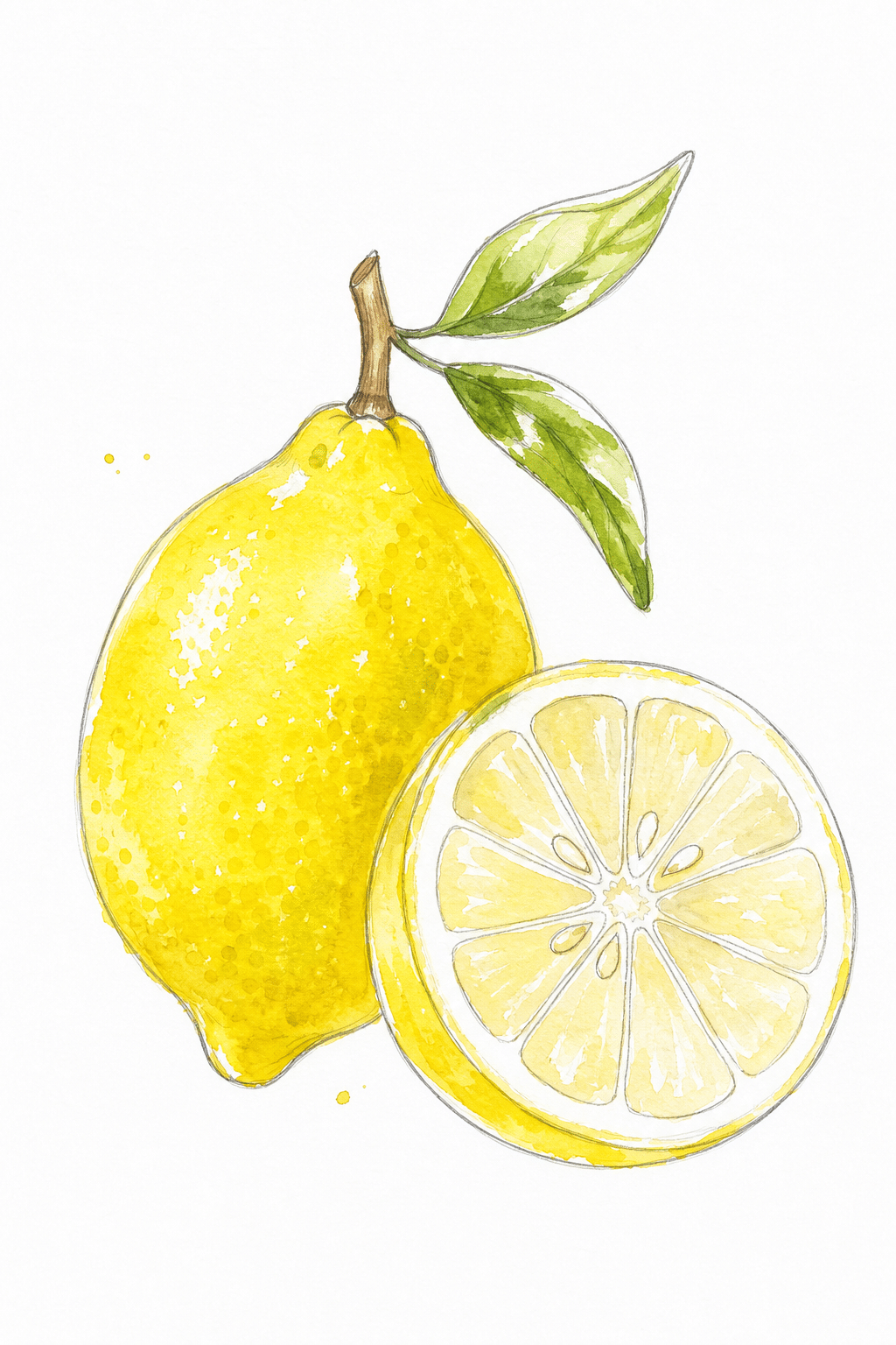 Loose watercolour lemon painting in bright sunny yellow with a green leaf