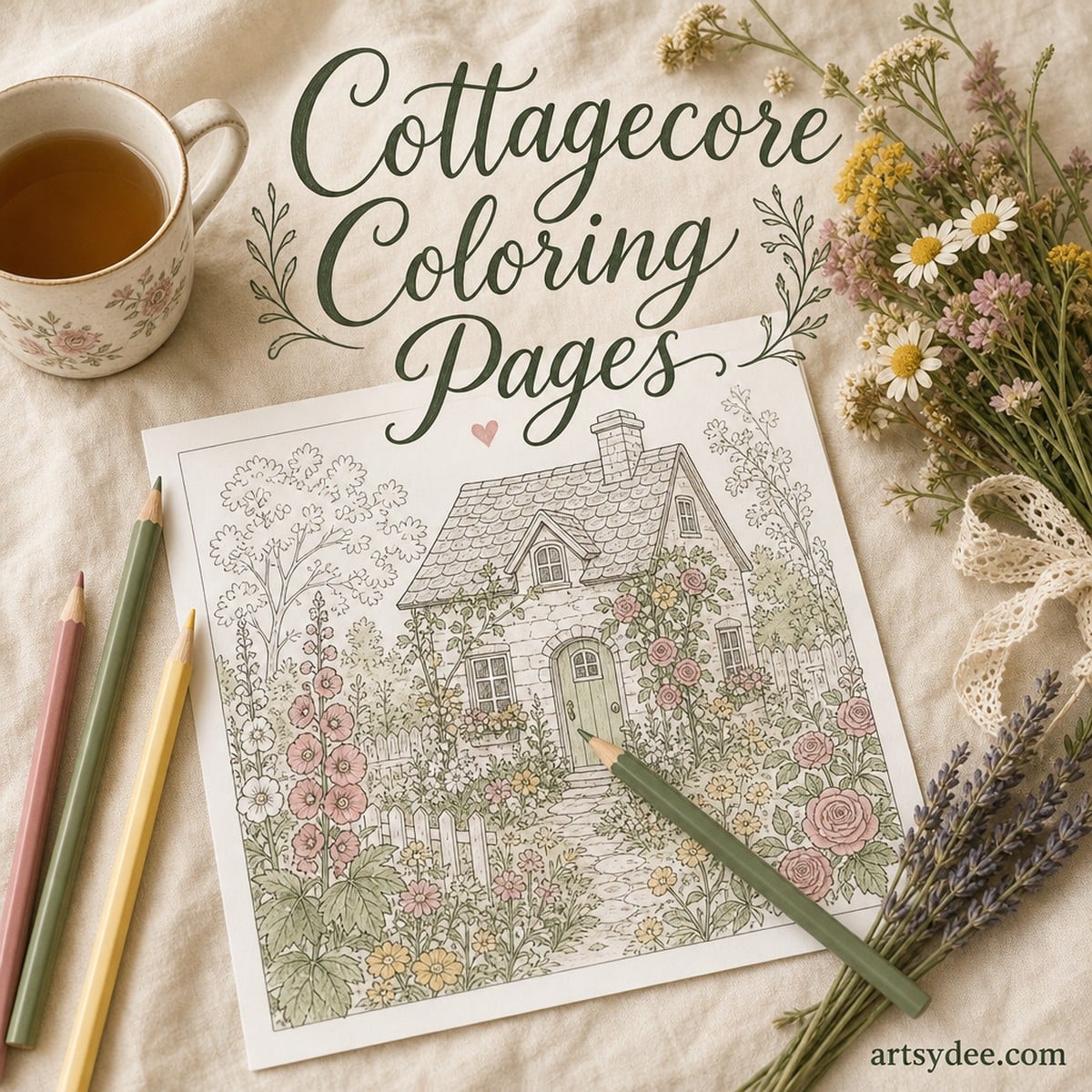 Cottagecore Coloring Pages title with a printed cottage coloring page, tea and coloured pencils