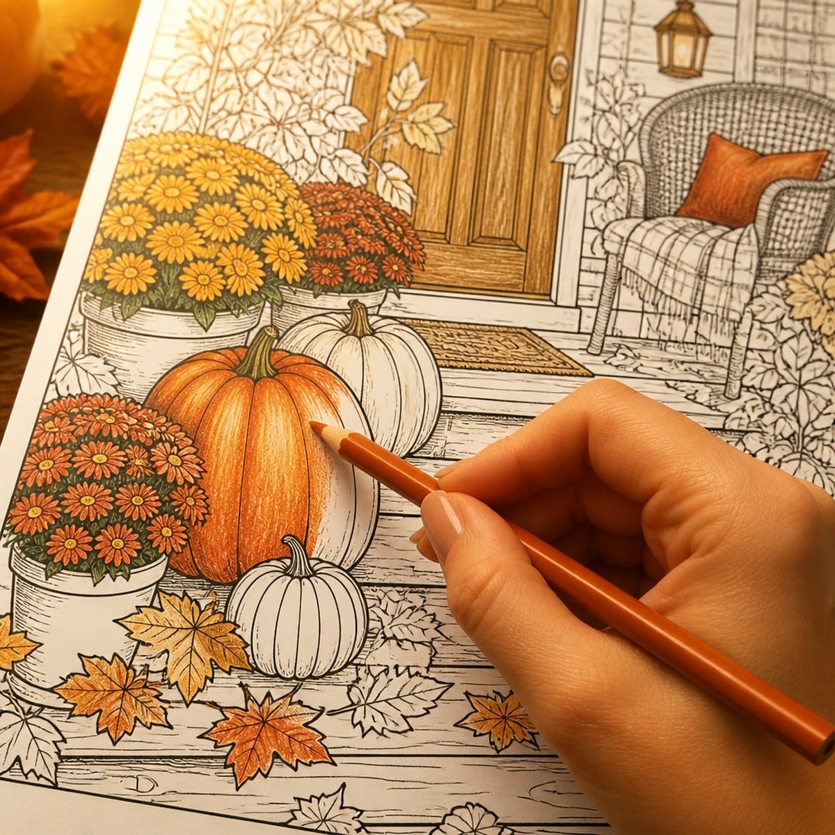 Partially colored autumn porch coloring page with pumpkins