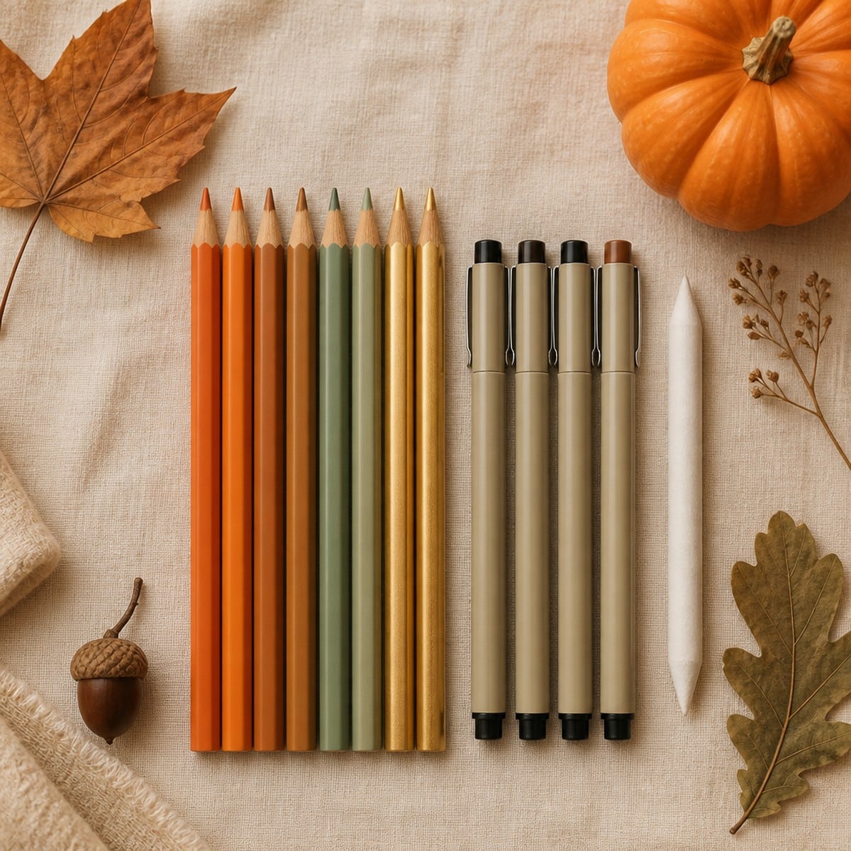 Colored pencils and markers laid out for coloring fall pages