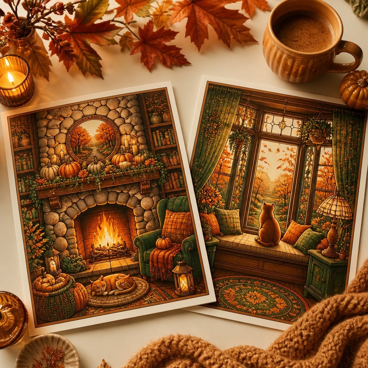 Finished cozy fall coloring pages colored in warm autumn tones