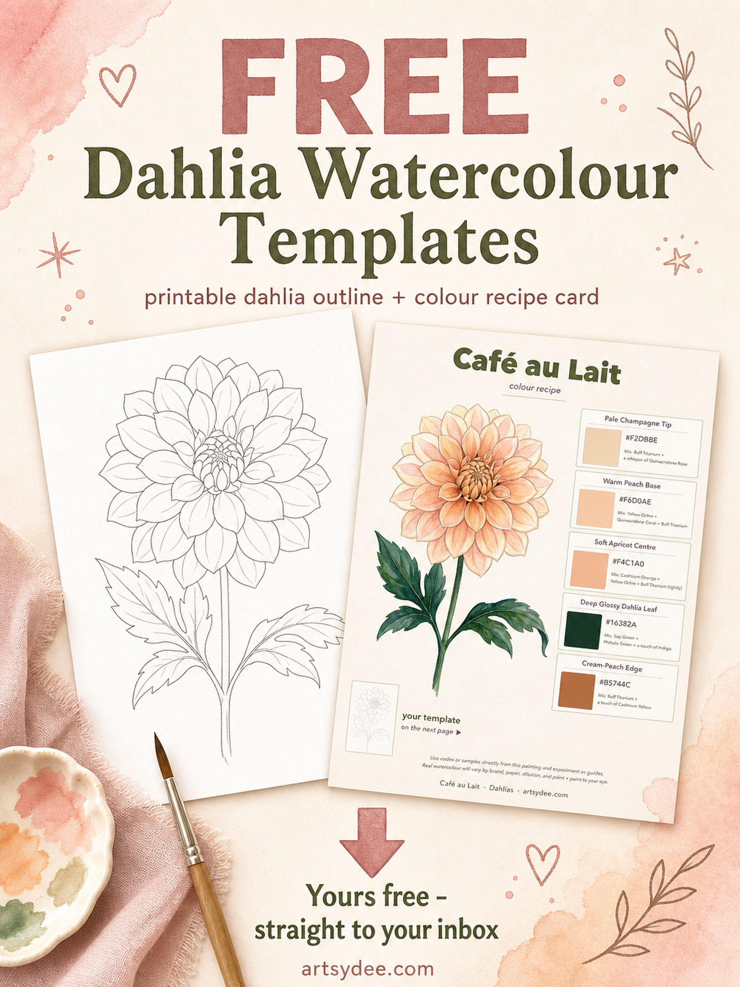 Free Dahlia Watercolour Templates sample - printable dahlia outline and colour recipe card