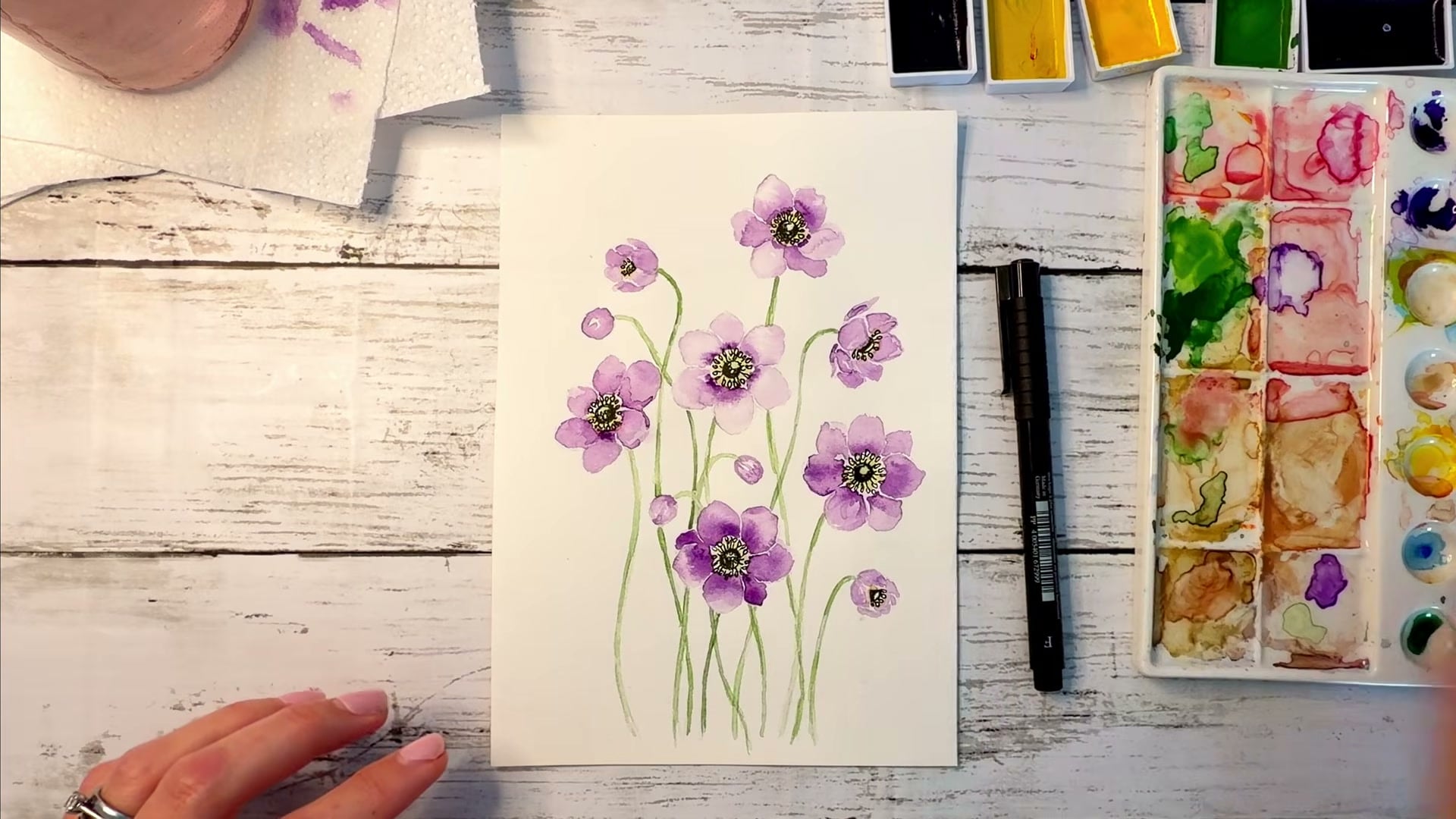 Finished watercolour anemones painting by Dee, still from an Artsydee YouTube tutorial