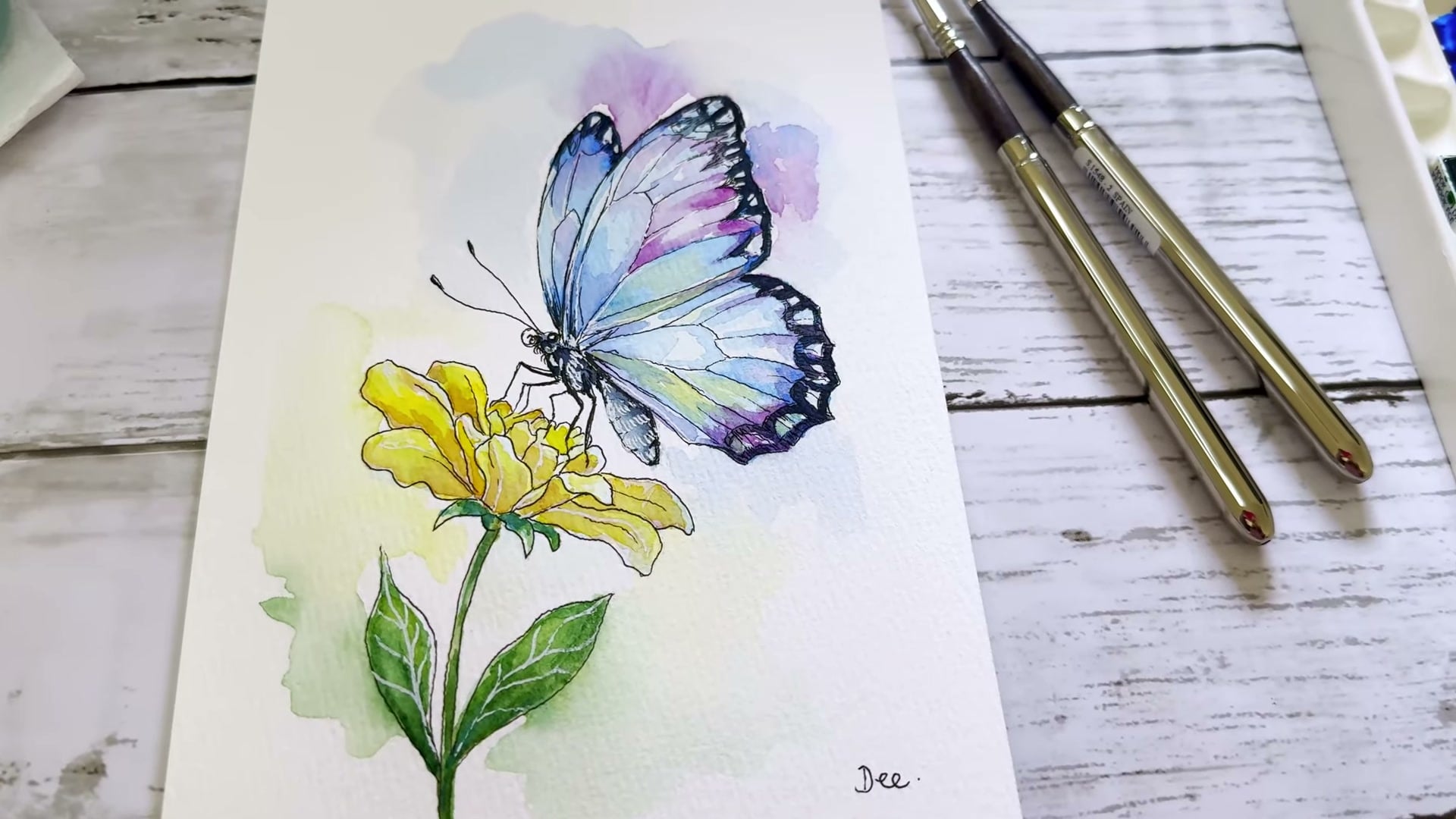 Finished signed watercolour butterfly painting by Dee, YouTube tutorial still