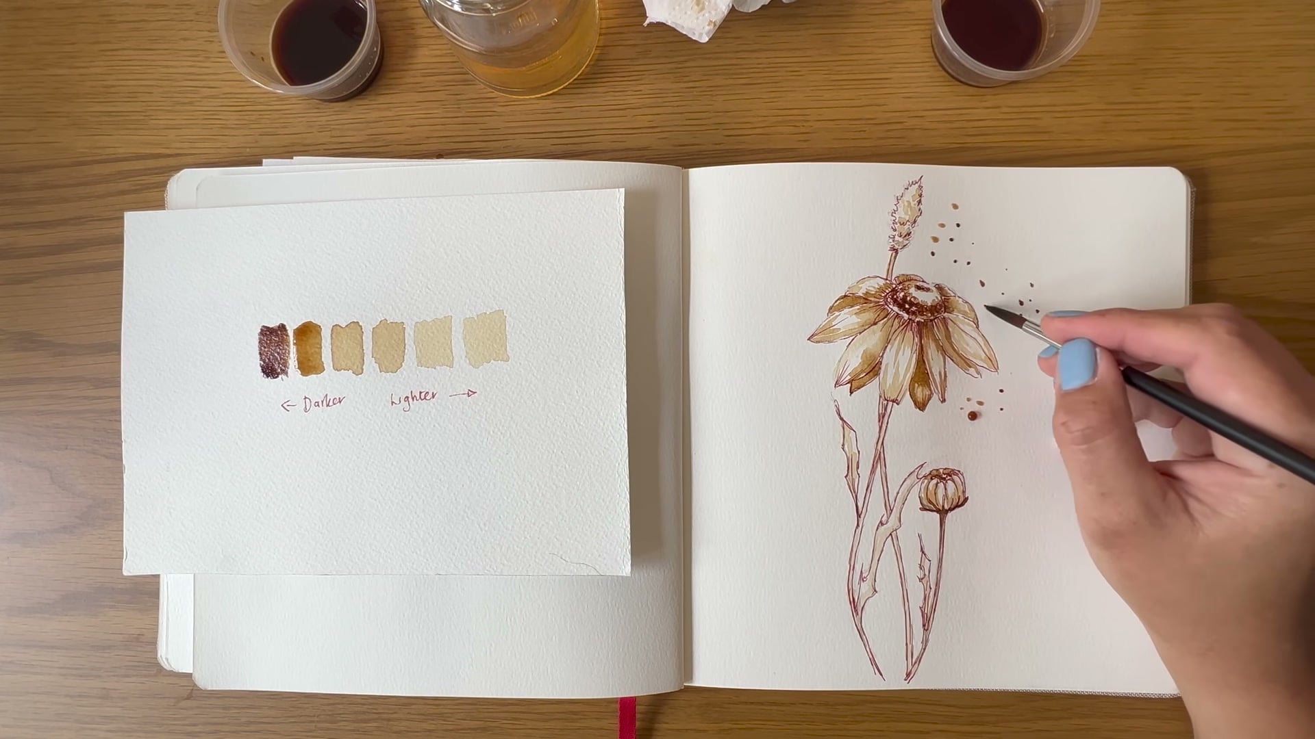 Finished watercolour coffee cup and daisy painting by Dee, YouTube tutorial still