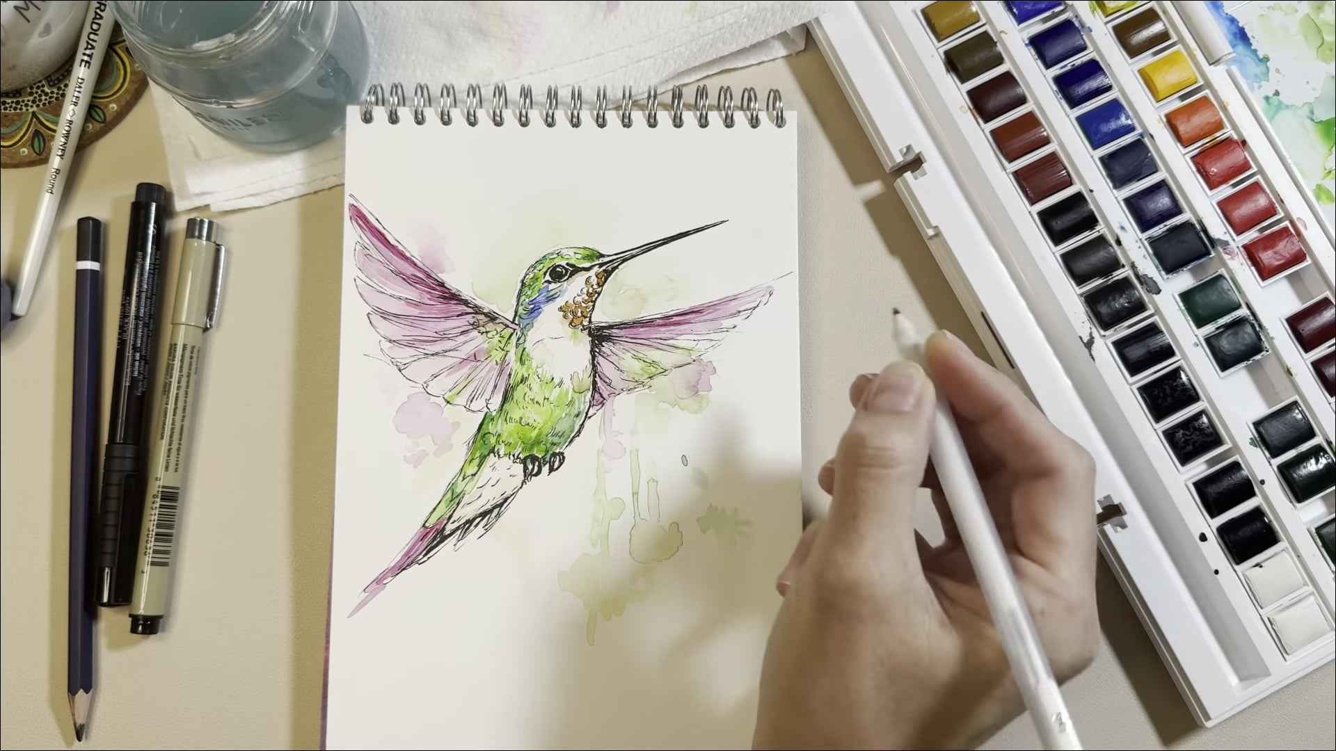 Finished watercolour hummingbird painting by Dee, YouTube tutorial still