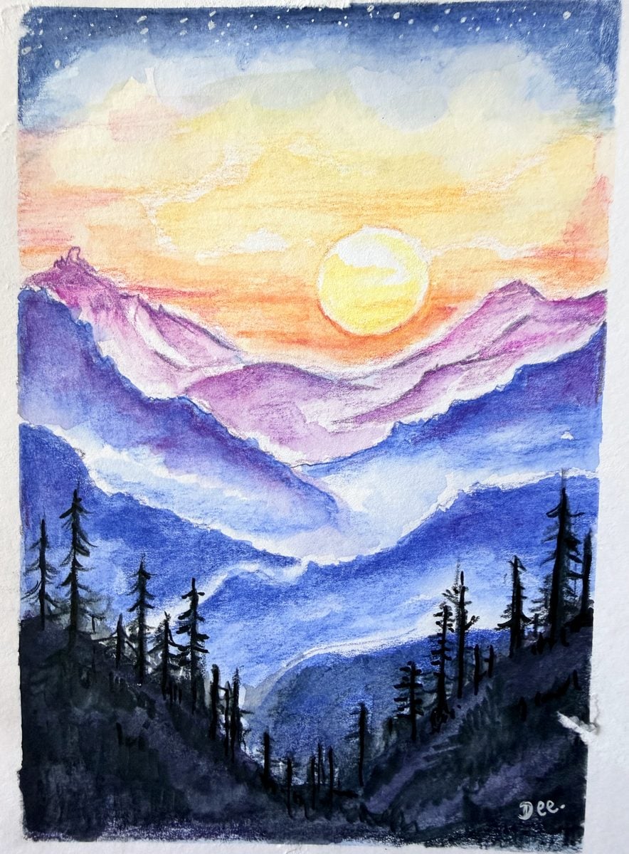 Original watercolour alpine sunset with pine trees painted by Dee of Artsydee