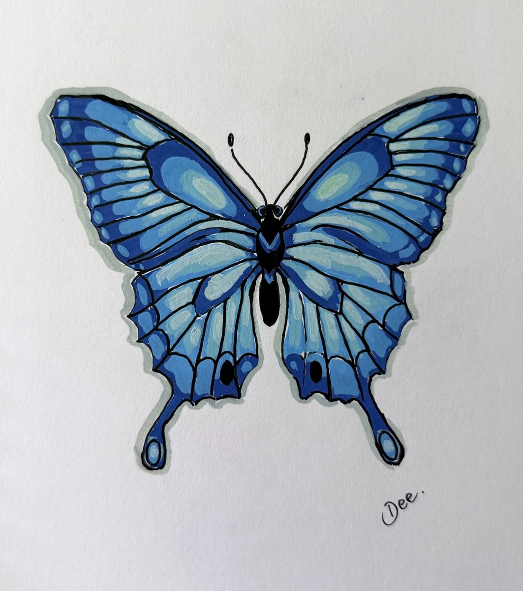 Original watercolour blue butterfly painting by Dee of Artsydee
