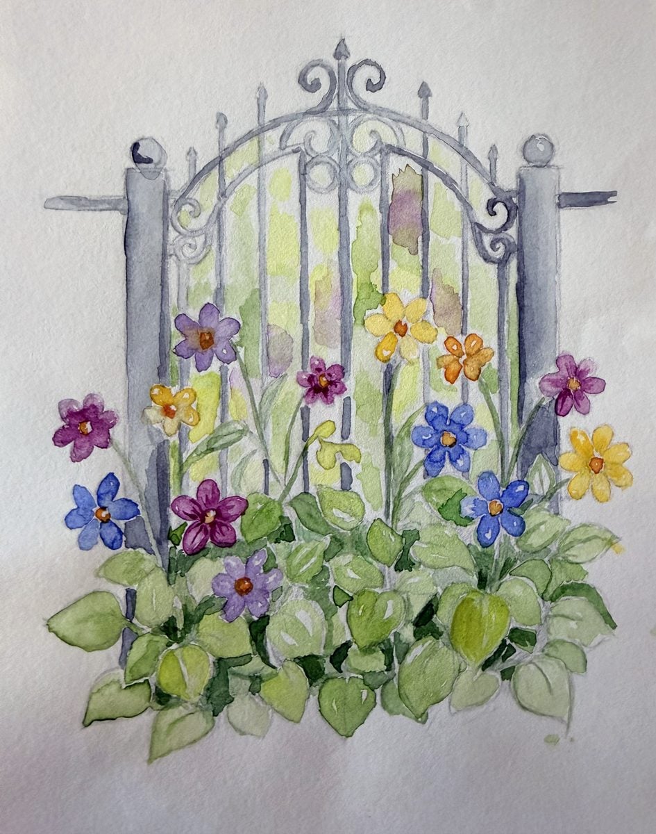Original watercolour floral trellis painting by Dee of Artsydee